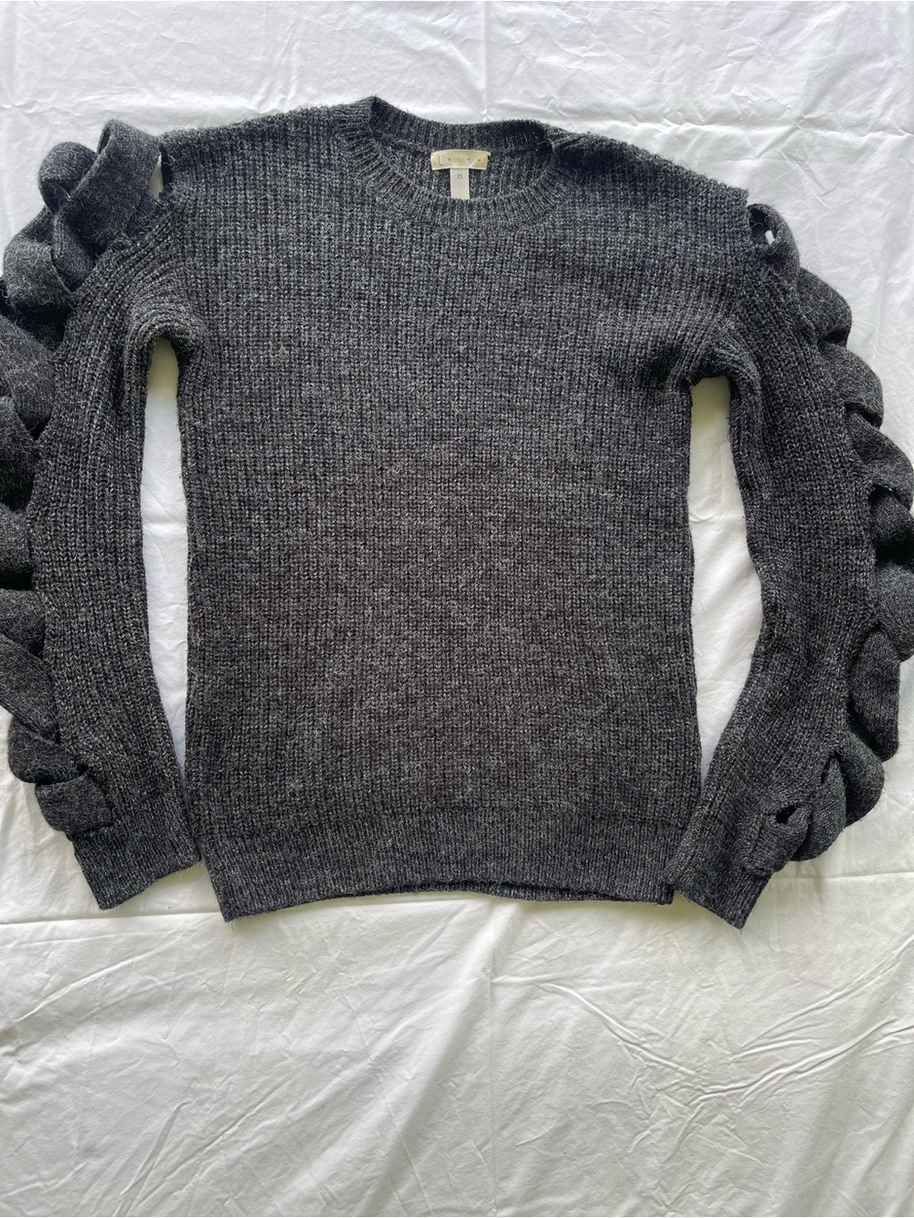 Leith Charcoal Crewneck Sweater with Braided Open-Sleeve Detail